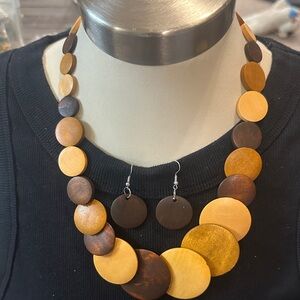 Elegant Wooden Disc Necklace and Earring Set